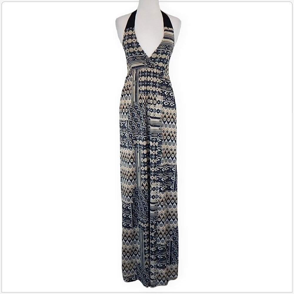 Sweet Pea Long Black White Beige Print Empire Waist Halter Maxi Summer Dress S